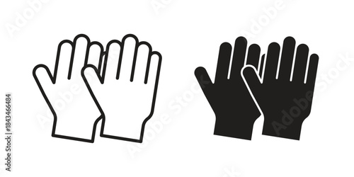 Gloves icons. Solid black silhouette and line art outline. Minimal design element,