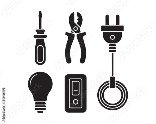electrical tools silhouette, electrician icons vector, wire cutter silhouette, pliers silhouette, insulated pliers vector, voltage tester silhouette, multimeter silhouette, screwdriver set silhouette,