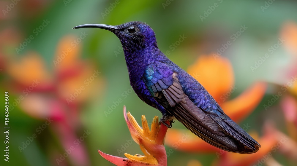 Naklejka premium A hummingbird rests on a vibrant flower in a tropical garden. Its feathers shine in shades of purple and blue. The scene captures the beauty of nature.