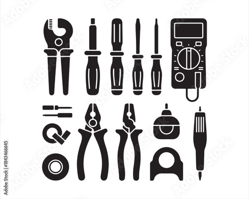 electrical tools silhouette, electrician icons vector, wire cutter silhouette, pliers silhouette, insulated pliers vector, voltage tester silhouette, multimeter silhouette, screwdriver set silhouette,