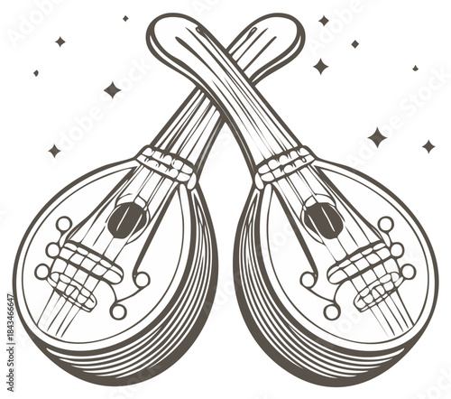 Stylized Crossed Mandolins Outline Illustration with Shimmering Stars, Stringed Instruments, Vintage Musical Design,  Folk Music Graphic