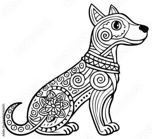 Stylized Dog with Intricate Line Art Patterns for Coloring Pages