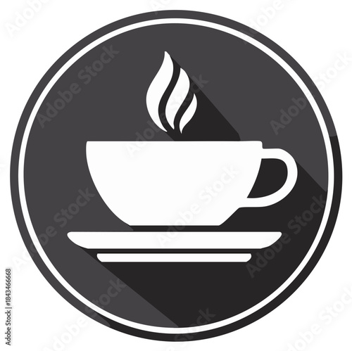 Flat design coffee cup icon with steam and long shadow on a circular button