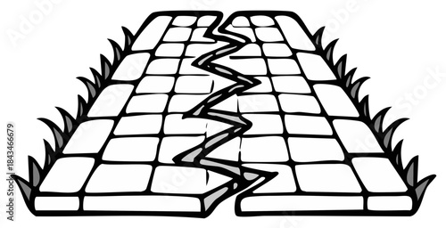 Broken pavement with grass, graphic representation of damage, rupture and destruction.