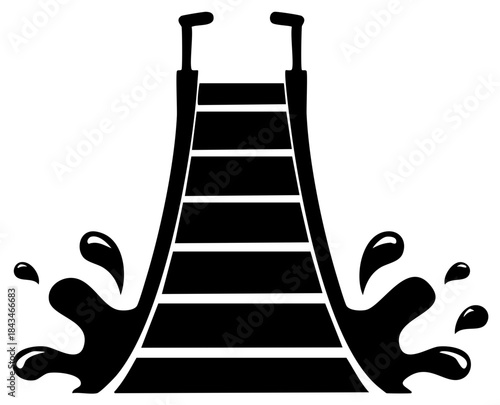 Simple black silhouette of a tall water slide with a splash for a water park or swimming pool icon