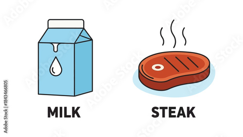 Vector illustration of Milk carton and steak on black background with food items