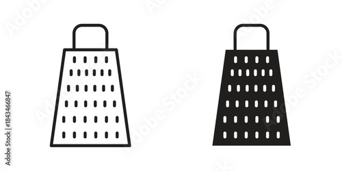 Grater icons. Solid black silhouette and line art outline. Minimal design element,