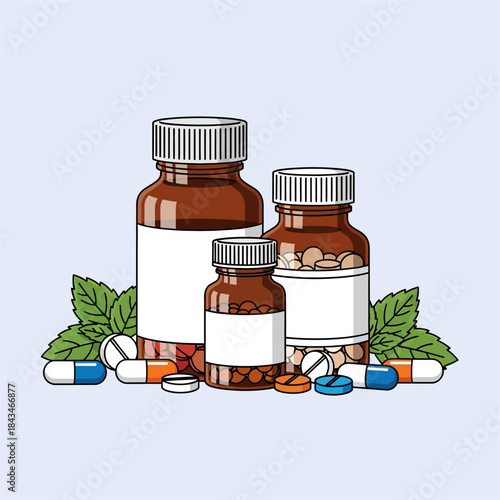 Herbal Medicine Bottles and Pills for Natural Healthcare