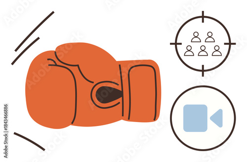 Boxing glove striking, target with people icon, video icon. Ideal for competition, focus, strategy, training, teamwork achievement sports. Represents simple flat metaphor for goals and action