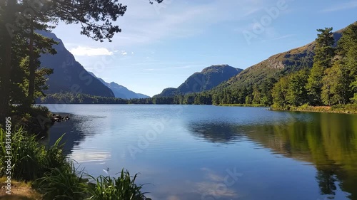 Tranquil Lake Scene Reflecting Mountain Forest Under Bright Blue Sky During Sunny Day