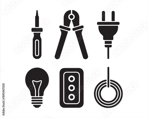 electrical tools silhouette, electrician icons vector, wire cutter silhouette, pliers silhouette, insulated pliers vector, voltage tester silhouette, multimeter silhouette, screwdriver set silhouette,