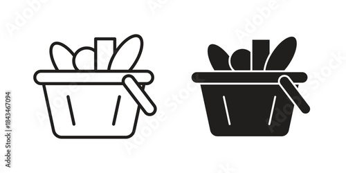 Grocery basket icons. Solid black silhouette and line art outline. Minimal design element,