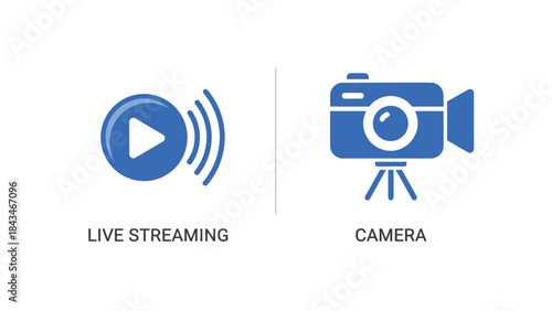 Vector illustration of Live streaming and camera icons on black and white background with blue accents