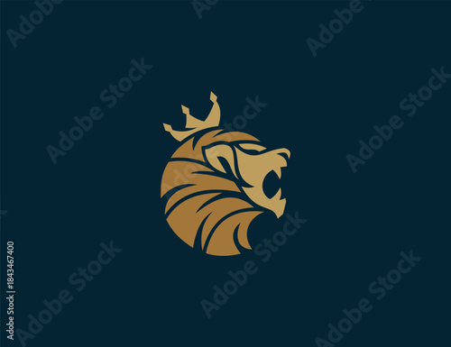 Majestic golden lion king roaring with a crown, presented as a powerful animal logo design.