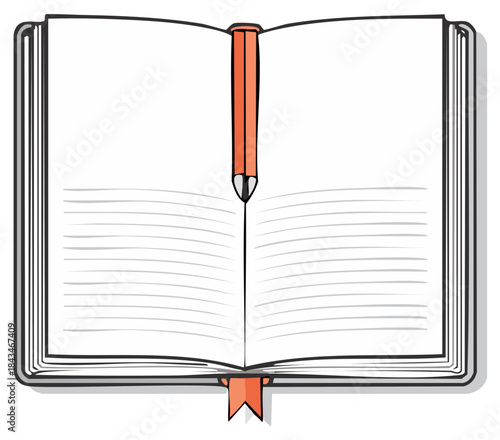Sketch drawing of an open hardcover book with blank lined pages and an orange ribbon bookmark vector illustration