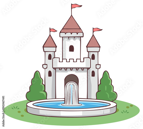Magical cartoon castle illustration with fountain and flags in a fairytale setting on green grass