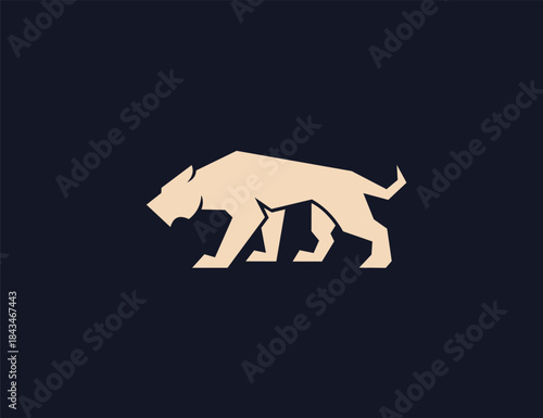 Geometric big cat logo illustration: a powerful panther walking in a dark, minimalist environment.
