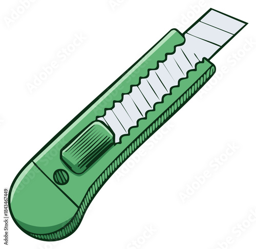 Sharp utility knife with extended blade and green handle for cutting and crafting