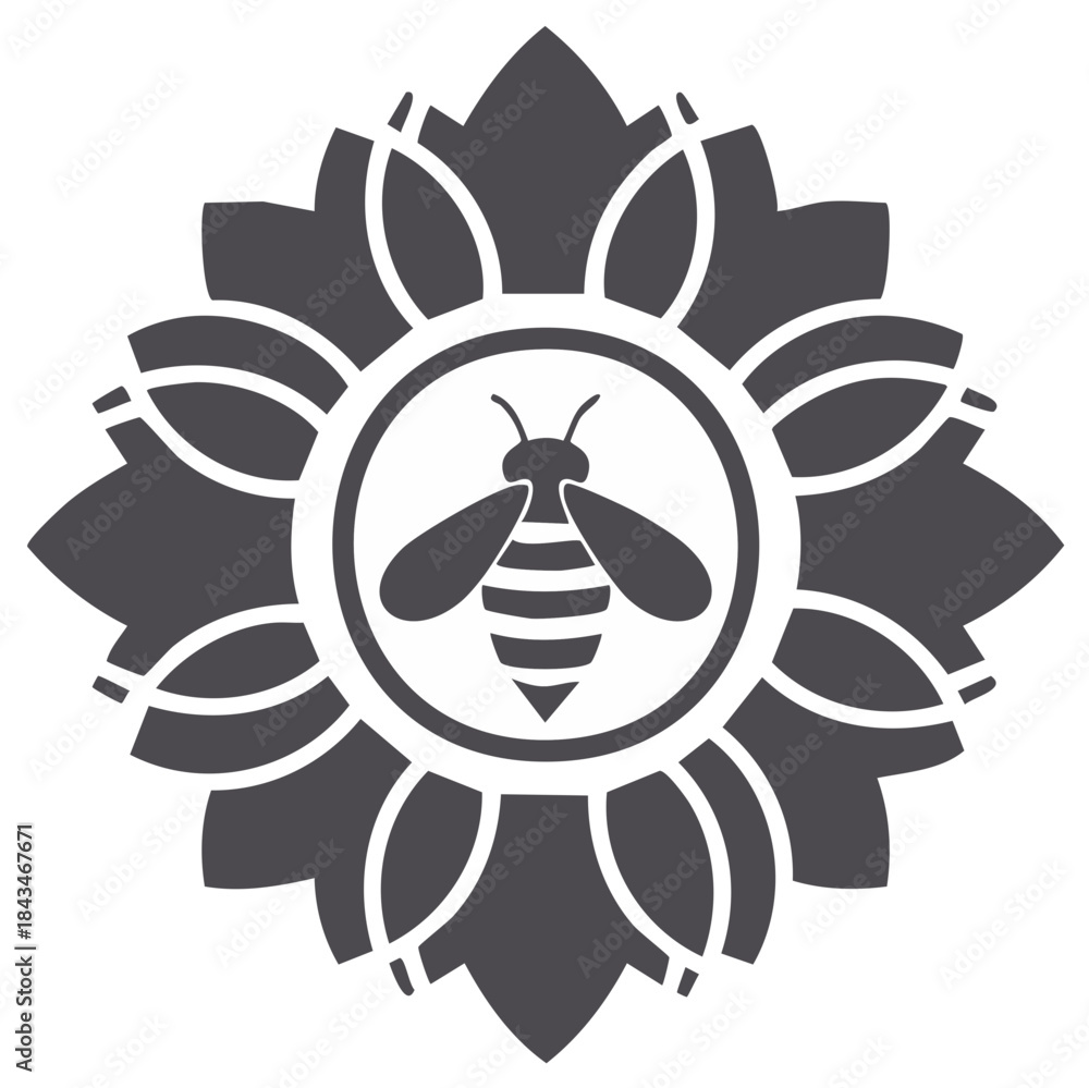 Fototapeta premium Honeybee Inside Floral Petal Circle Decorative Design Graphic for Logos Labels Branding