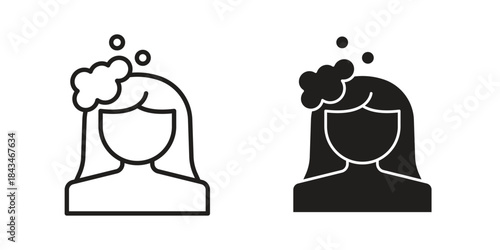 Hair washing icons. Solid black silhouette and line art outline. Minimal design element,
