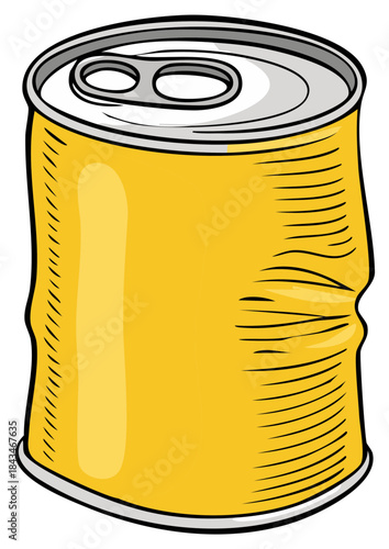 Cartoon illustration of dented can, yellow object in damaged state