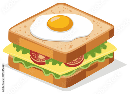 Cartoon Toast Sandwich with Fried Egg Cheese Tomato Lettuce Filling