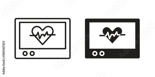 Heart rate monitor icons. Solid black silhouette and line art outline. Minimal design element,