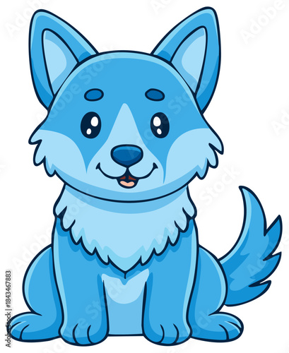 Cartoon blue dog sitting smiling looking forwards tail up, fluffy fur, playful pet illustration.