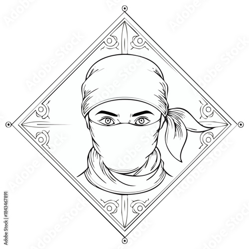 Line art portrait of a person with a face mask and head covering inside diamond frame.