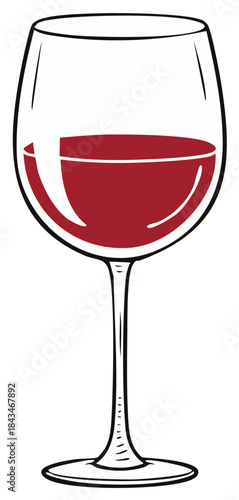 Stylized illustration of a wine glass filled with red wine. Vector art