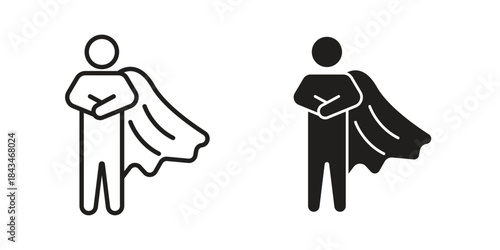 Hero icons. Solid black silhouette and line art outline. Minimal design element,