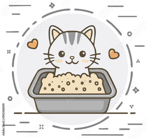 Cute kawaii kitten sitting in a litter box with hearts and decorative elements