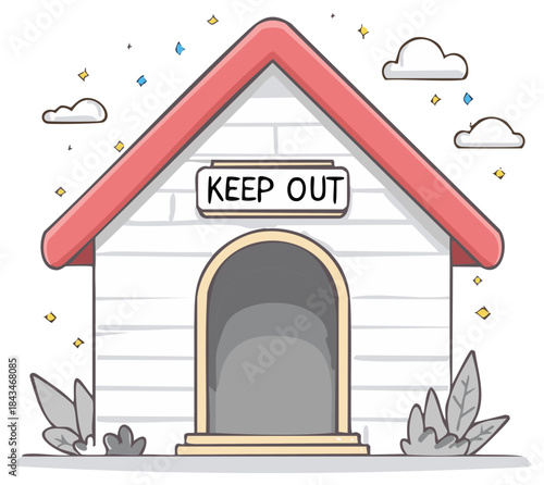 Cute cartoon doghouse with a Keep Out warning sign vector illustration