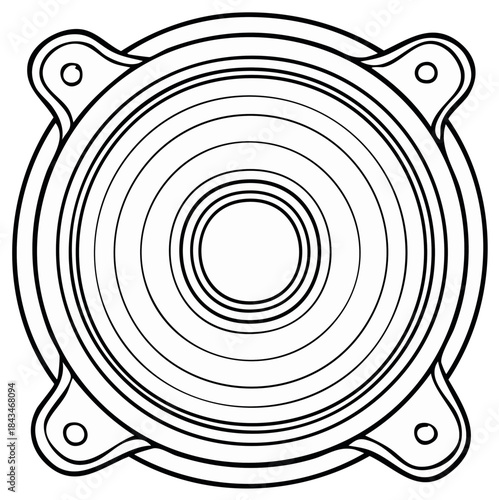 Circular audio speaker diaphragm with mounting holes simple line drawing