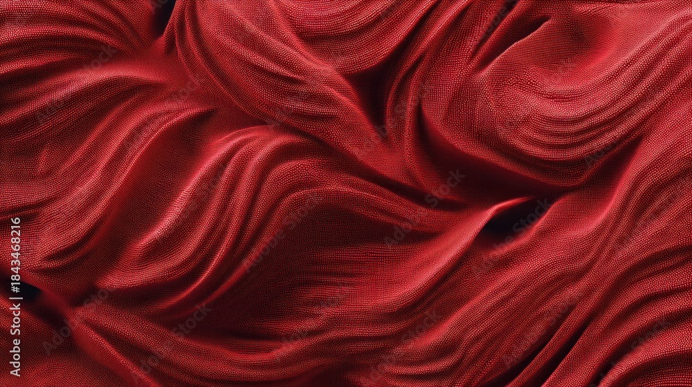 Obraz premium A red fabric with a wavy pattern. The fabric is red and has a shiny appearance. The pattern is very intricate and detailed
