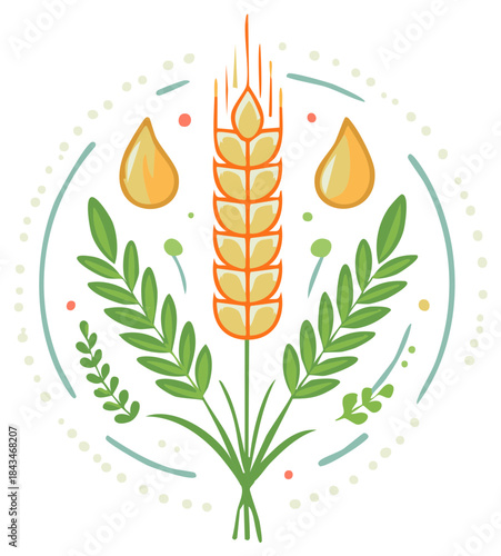 Wheat harvest emblem with grains and leaves for agriculture and food themes