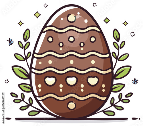 Decorated Chocolate Easter Egg with Leaves and Embellishments in Doodle Style Graphic