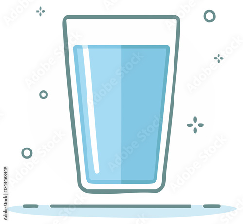 Simple vector illustration of a tall glass filled with blue water and sparkling accents