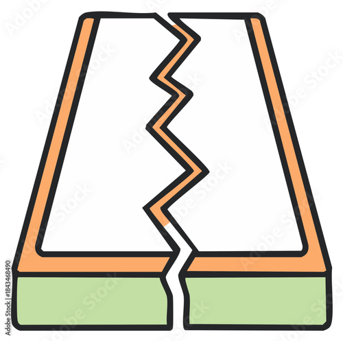 Cracked abstract geometric shape with orange and green layers signifying division
