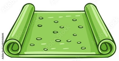 Green cartoon scroll with map features, dotted lines and circular markings, rolled at the ends