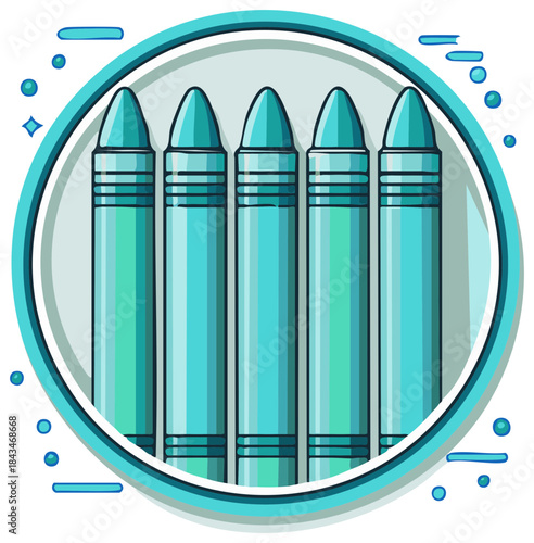 Five blue green crayons lined up in a circle against a light background with decorative elements