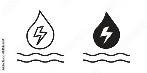 Hydraulic energy icons. Solid black silhouette and line art outline. Minimal design element,
