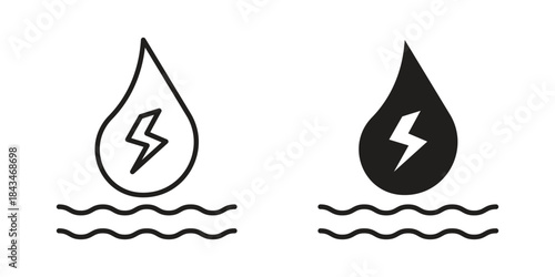 Hydraulic energy icons. Solid black silhouette and line art outline. Minimal design element,