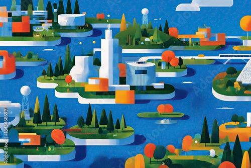 Surreal Floating Eco-City with Geometric Buildings and Lush Trees