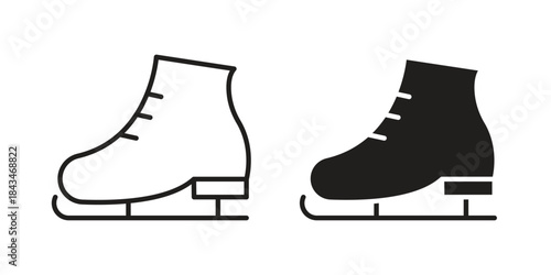 Ice skating icons. Solid black silhouette and line art outline. Minimal design element,