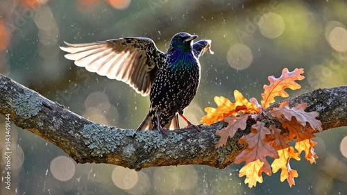 European starling bird with iridescent plumage spreads wings wide perched on a mossy branch near autumn oak leaves