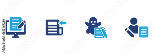 Content Writing, Ghostwriting, and Submission Icons Set - Flat Vector Illustration