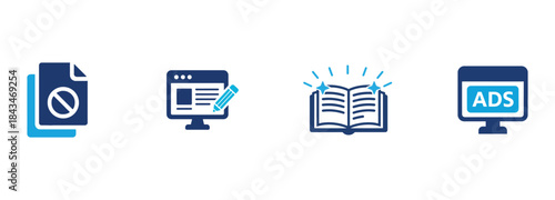 Digital Content Icons Set: Ad Block, Blogging, Quality Education, and Advertising.