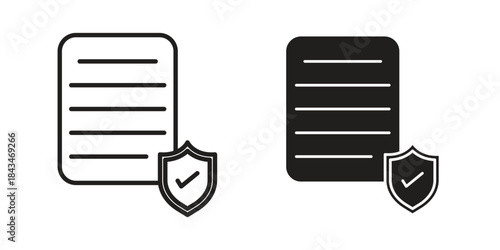 Insurance policy icons. Solid black silhouette and line art outline. Minimal design element,