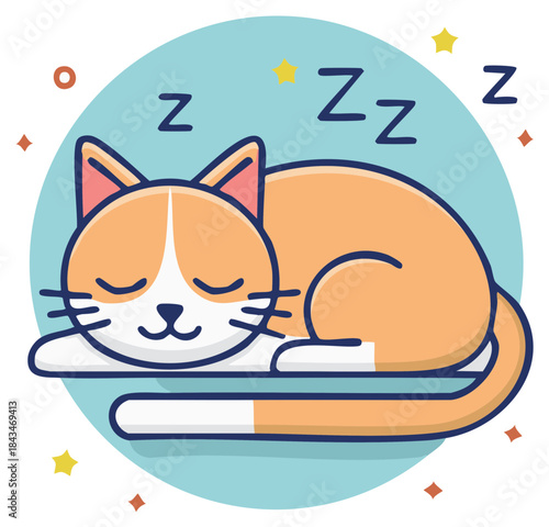 Cute cartoon cat sleeping peacefully, zzz symbols, stars, illustration.